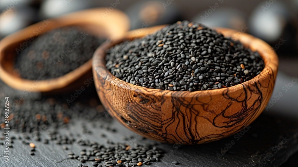 Fresh black sesame seeds in rustic bowl set against a white backdrop with a blurred background. Fresh black sesame seeds in rustic bowl set against a white backdrop with a blurred background.