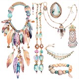 A beautiful watercolor painting of a collection of boho jewelry. The jewelry is made of feathers, beads, and stones. It is perfect for a summer day.