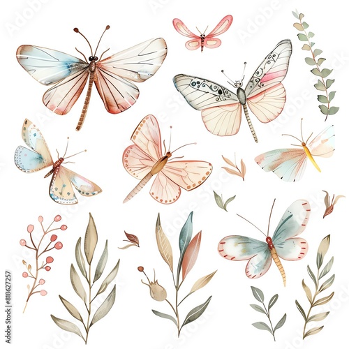 A beautiful watercolor painting of a variety of insects, including butterflies and dragonflies, with delicate floral elements