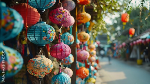 Decorated colorful lanterns hanging on a stand in the streets