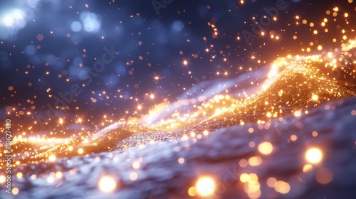 A stunning visualization of glowing particles floating above a surface creating an abstract, magical and vibrant atmosphere.
