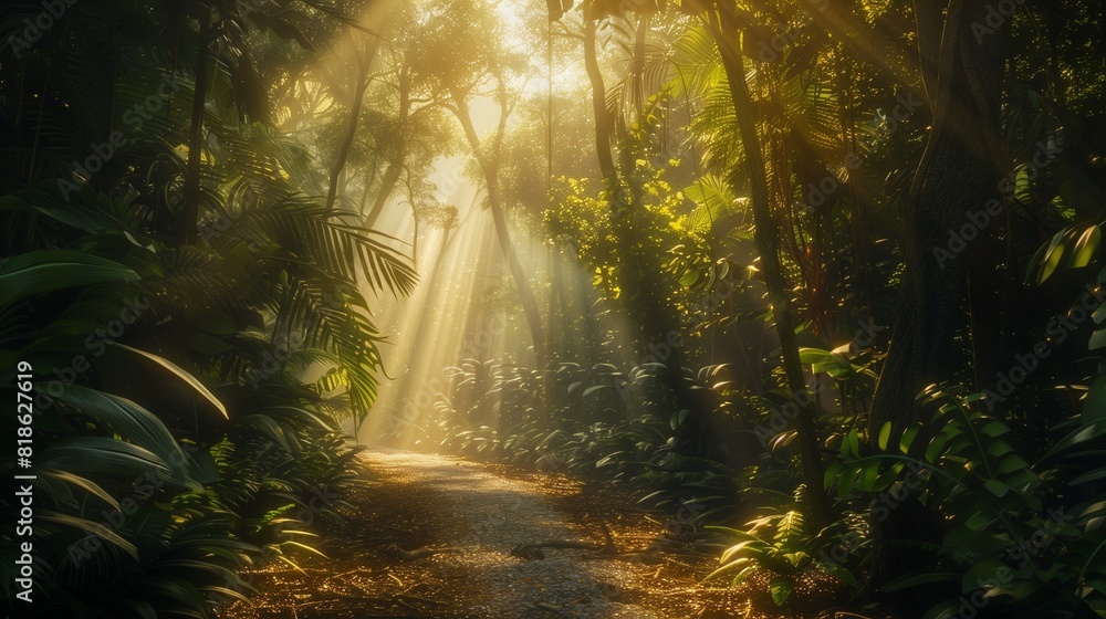 Obraz premium A gravel path disappearing into a dense forest, with sunlight filtering through the canopy in golden shafts.