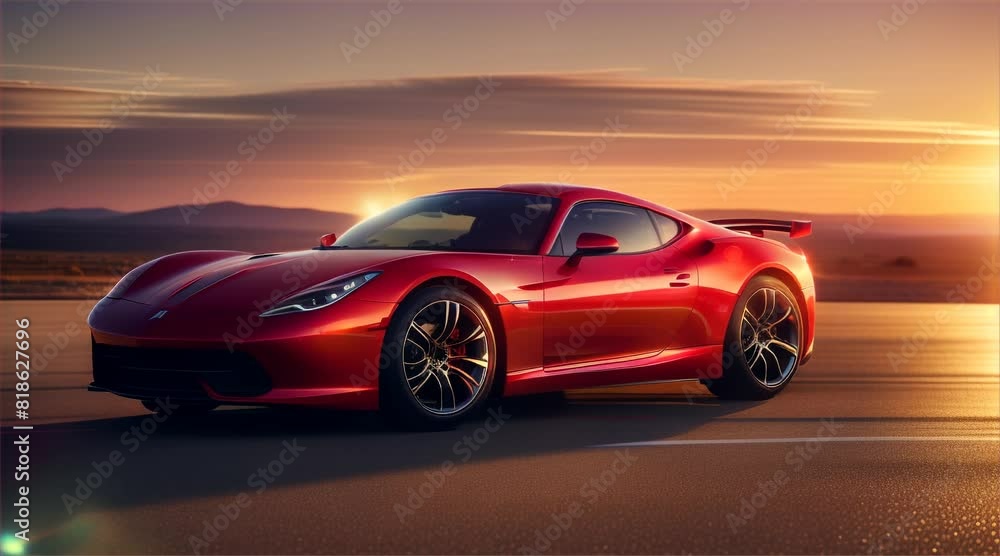 Car running on asphalt road, landscape view of big mountains and sunset sky in the background. The car is the main focus and it is a high-performance vehicle. Car running on asphalt road, landscape view of big mountains and sunset sky in the background. The car is the main focus and it is a high-performance vehicle.