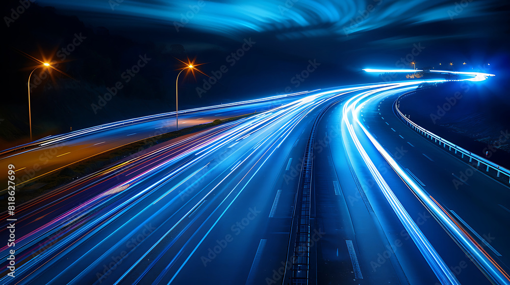 Image of blue-hued light trails, showcasing technological innovation. Generative AI illustration Image of blue-hued light trails, showcasing technological innovation. Generative AI illustration
