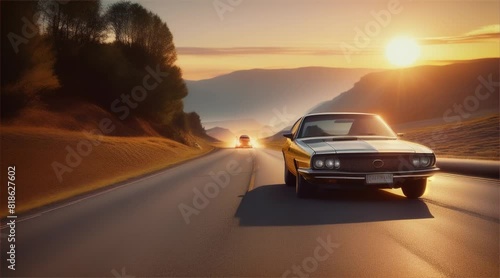 Car running on asphalt road, landscape view of big mountains and sunset sky in the background. The car is the main focus and it is a high-performance vehicle. photo