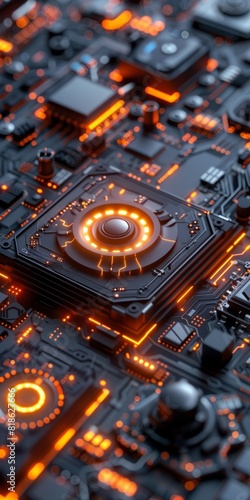 Close-up of a futuristic electronic circuit board with glowing orange lights, showcasing advanced technology and intricate design.