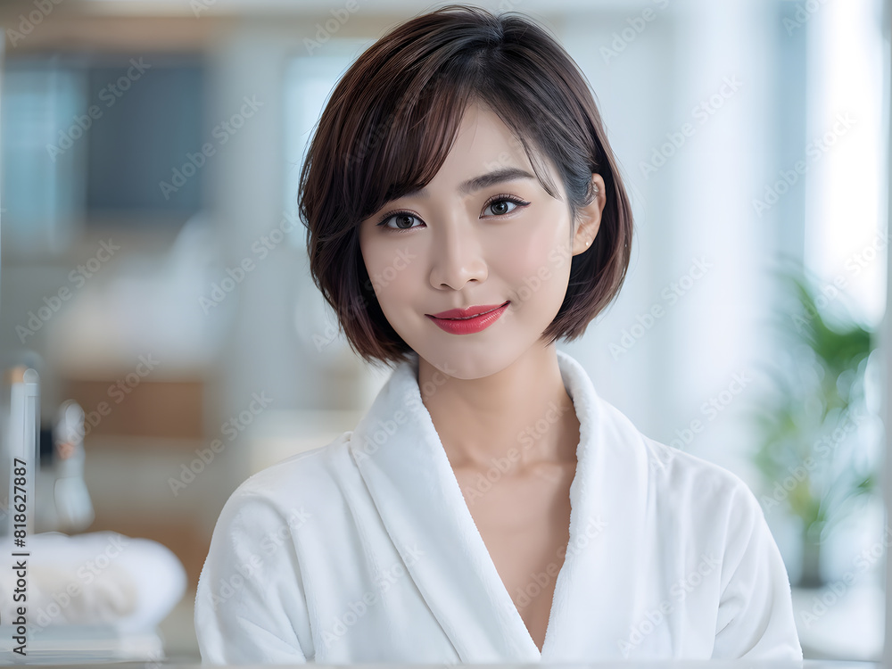 asian woman in a bathrobe is looking at a camera asian woman in a bathrobe is looking at a camera