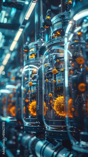 Rows of glass containers with vibrant orange bio organisms in a futuristic lab setting  highlighting advanced biotechnology and scientific research.
