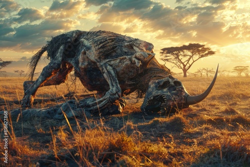 Scenic view of a dramatic sunset over a savannah with the skeletal remains of a large animal in the foreground, creating a haunting scene.