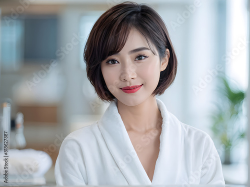 asian woman in a bathrobe is looking at a camera