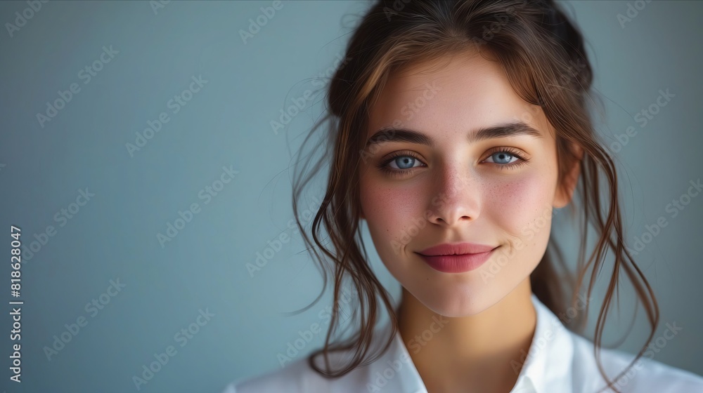 A beautiful woman with blue eyes looking at the camera. A beautiful woman with blue eyes looking at the camera.