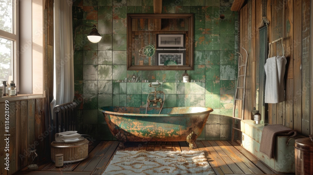 Rustic bathroom interior. With lots of old wood-effect furniture and furnishings to make bathing a cozy experience. Generative AI Rustic bathroom interior. With lots of old wood-effect furniture and furnishings to make bathing a cozy experience. Generative AI
