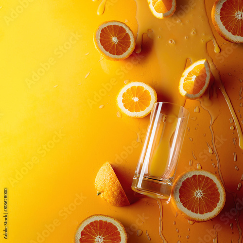 Orange juice with fruits on a orange background.