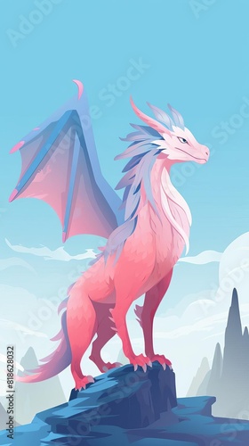 A majestic pink and blue dragon standing on a rock with its wings spread against a serene sky and mountain backdrop.
