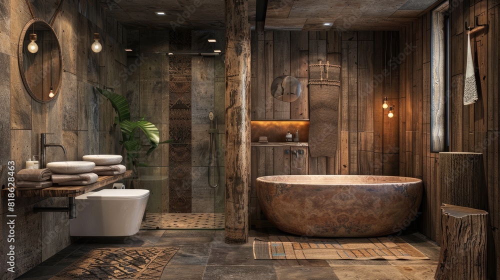 Rustic bathroom interior. With lots of old wood-effect furniture and furnishings to make bathing a cozy experience. Generative AI Rustic bathroom interior. With lots of old wood-effect furniture and furnishings to make bathing a cozy experience. Generative AI
