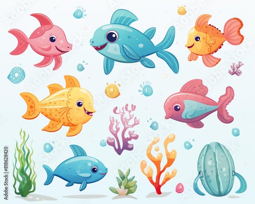 Cute colorful illustration of happy cartoon fish swimming in the ocean with coral and seaweed. Perfect for kids' designs and educational material. © Jeannaa