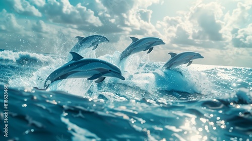 A group of playful dolphins leaping gracefully above the waves in a sparkling ocean, with a distant shoreline in the background.