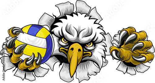 An eagle or hawk bird volleyball animal sports mascot holding a volley ball in his claw