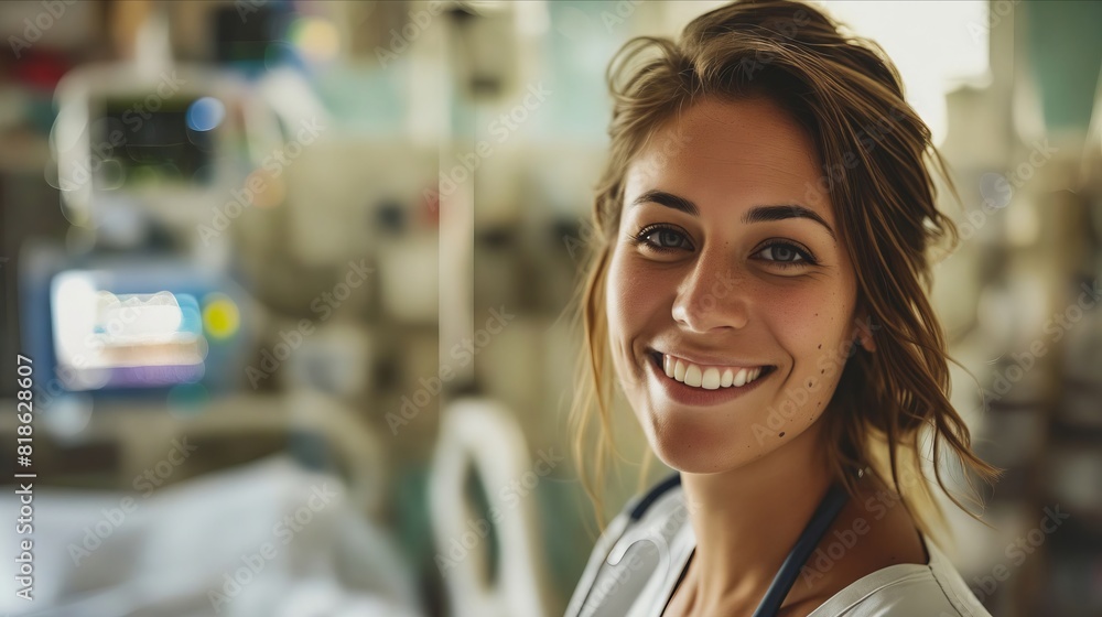 Fototapeta premium A smiling nurse in a hospital room.