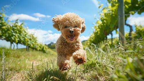 Experience pure joy as a cute toy poodle dashes through a grassy meadow beside a vineyard under the brilliant blue sky of a sunny day photo