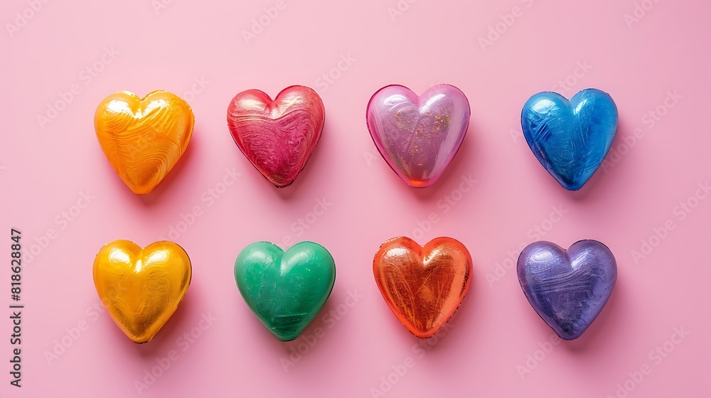 flat lay of colorful hearts isolated on pink background flat lay of colorful hearts isolated on pink background