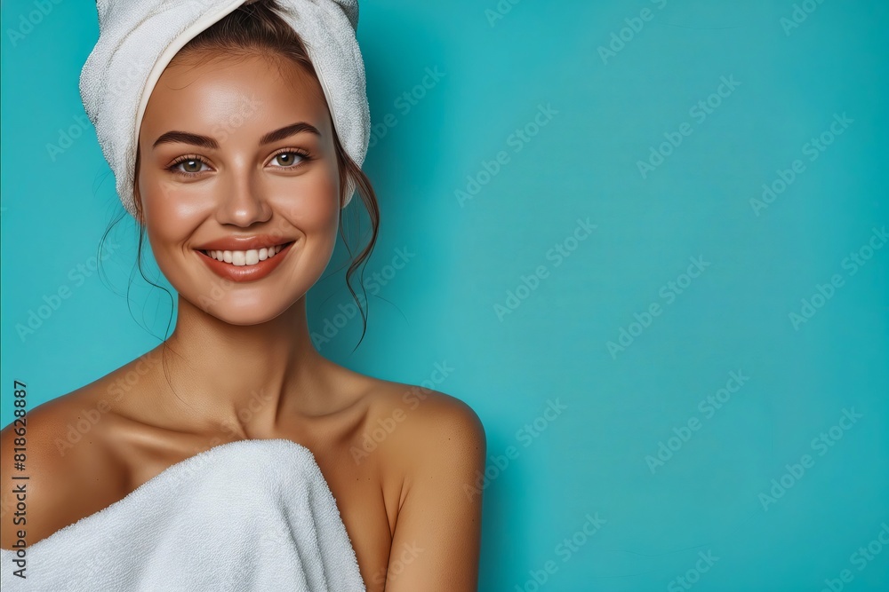 A woman in a towel smiling. A woman in a towel smiling.