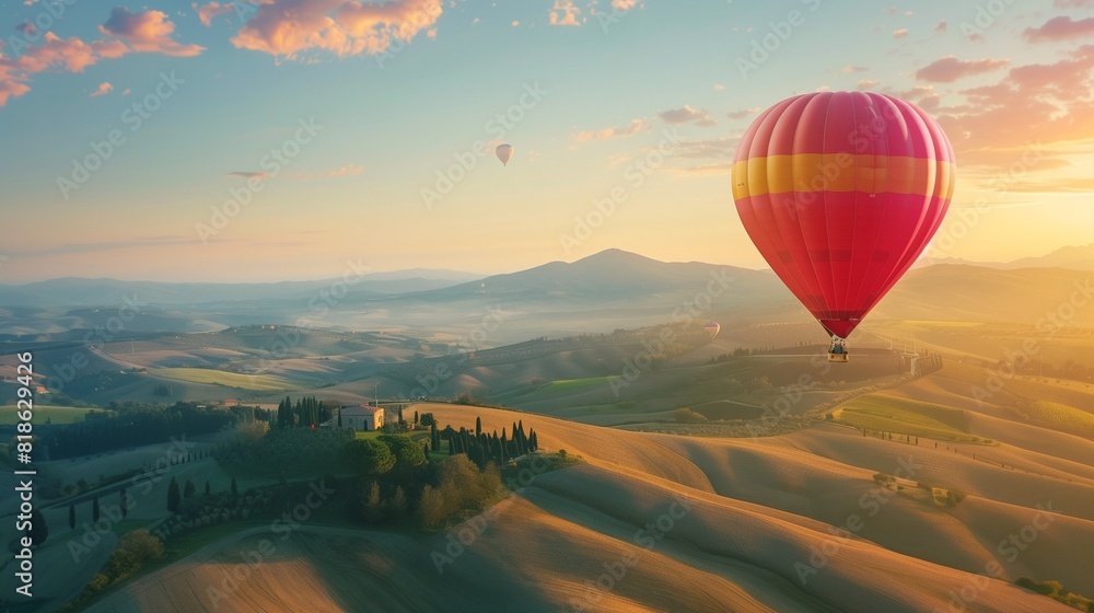 Obraz premium A hot air balloon floating above rolling hills during a sunrise balloon festival