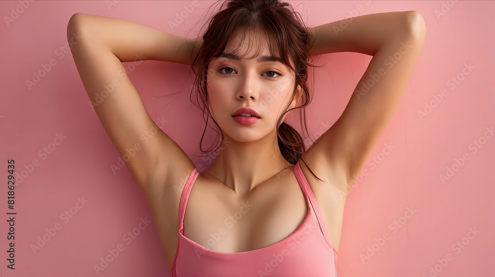 A woman in pink bra top posing with her hands on her head. A woman in pink bra top posing with her hands on her head.
