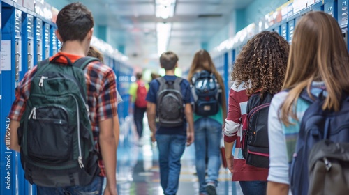 Adolescents and peers gather in academic premises for studying and socializing, with textbooks and mobile devices in hand, in a corridor or classroom. photo