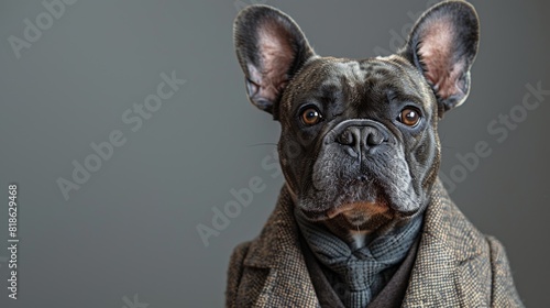 Sophisticated French Bulldog in Formal Attire Decorating Wall for Stylish Pet Party Invitation. Handsome  Smiling Canine Portrait with Copyspace for Custom Text.