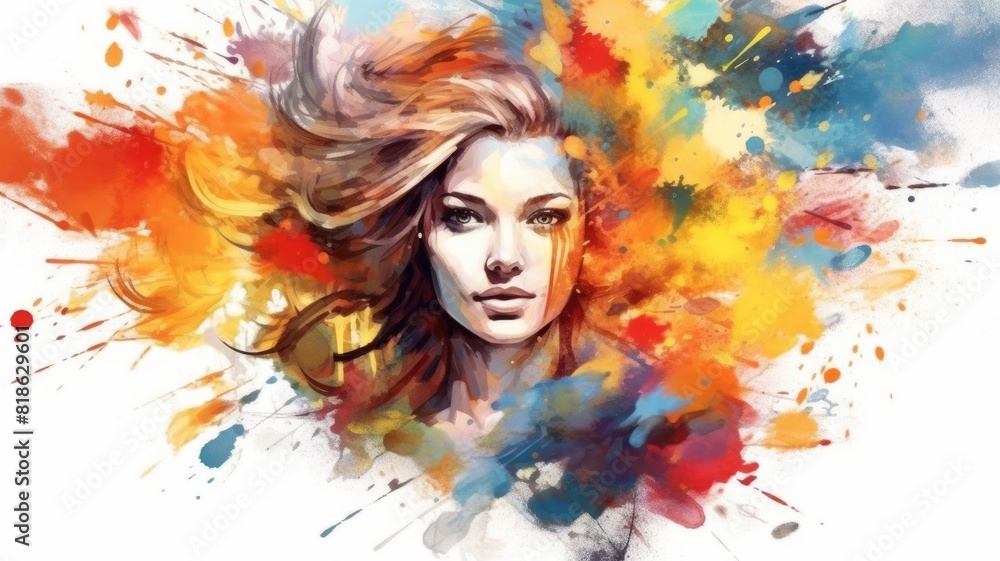 Close up of young beautiful woman portrait with dynamic watercolor splash. Artistic and abstract painting concept. Creativity and beauty expression for design and modern art. Imagination. AIG35.