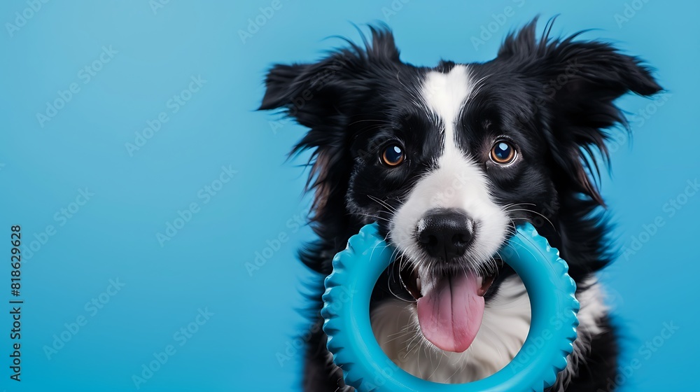 Funny puppy dog border collie holding blue puller ring toy in mouth isolated on blue background