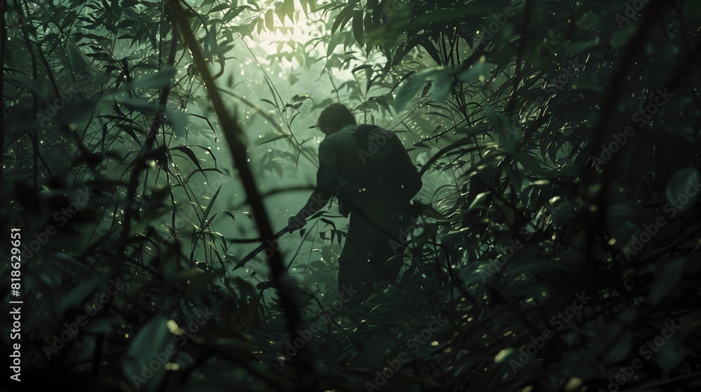 A hunter navigating a dense thicket, machete in hand, hacking through the tangled vines with determination.