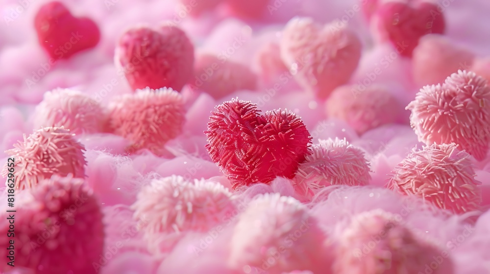 Fuzzy pink and red hearts rest on pink background of raised pink hearts Fuzzy pink and red hearts rest on pink background of raised pink hearts