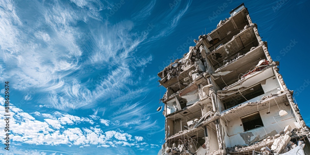 Demolition of a high-rise structure with collapsed levels in a sky with ...