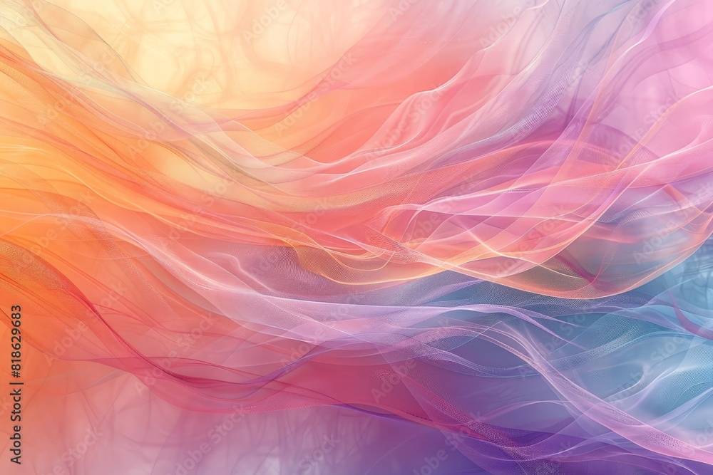 Soft abstract art featuring flowing waves in pastel colors, blending pink, orange, and purple hues for a serene effect.