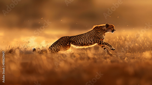 A cheetah is running in a grassy field. photo