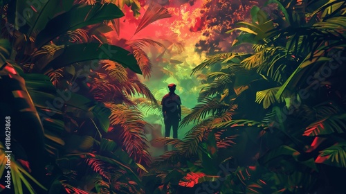 A hunter standing amidst a lush canopy of leaves, the vibrant colors of the jungle surrounding them in every direction. photo