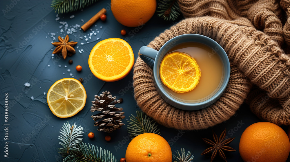 The warmth of winter hot drinks with a texture flat lay photography top view The warmth of winter hot drinks with a texture flat lay photography top view