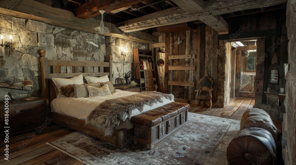 Rustic bedroom interior. With lots of old wood effect furniture and furnishings. Generative AI Rustic bedroom interior. With lots of old wood effect furniture and furnishings. Generative AI
