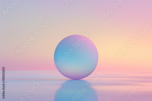 A pastel-colored sphere floating on a matching pastel-colored ocean with a pastel-colored sky. AIG51A.