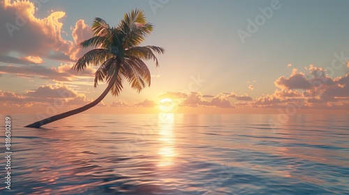 A lone palm tree leaning out over the water  its fronds swaying gently in the sea breeze as the sun sets behind it.