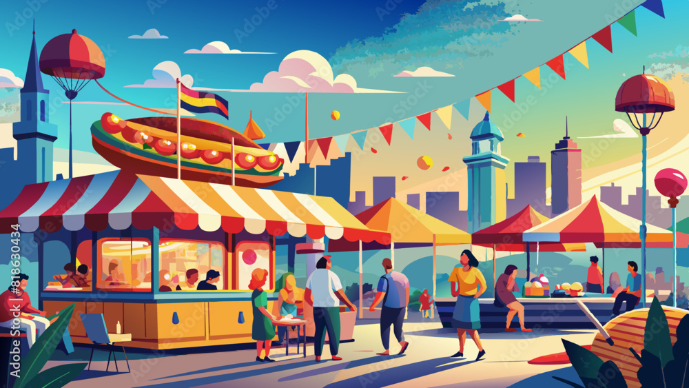 Vibrant City Food Festival Scene with Colorful Stalls and Bustling Crowd. Vector illustration of National Hot Dog Day