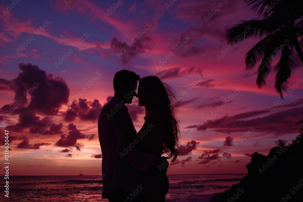 Young Caucasian Couple Embracing in Romantic Sunset Silhouette on Tropical Getaway