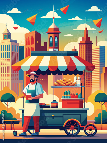 Vibrant Urban Hotdog Stand Scene with Happy Vendor. Vector illustration of National Hot Dog Day