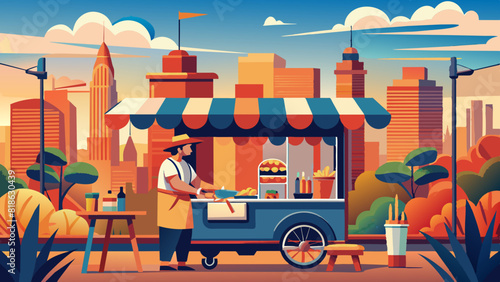 Street Food Vendor Preparing Meals in Vibrant Cityscape. Vector illustration of National Hot Dog Day