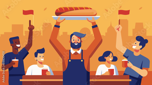 Joyful Chef Presenting Giant Hot Dog at Outdoor Festival. Vector illustration of National Hot Dog Day