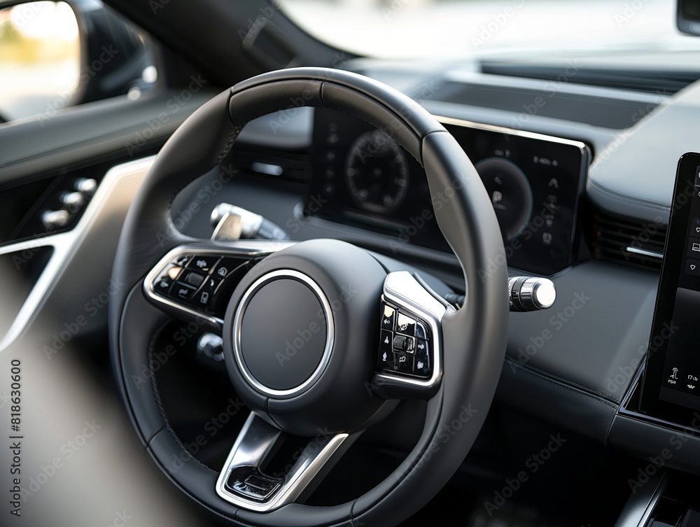 Close-up of a modern car steering wheel and dashboard, showcasing advanced technology and sleek design. Perfect for illustrating automotive innovation and luxury interiors.