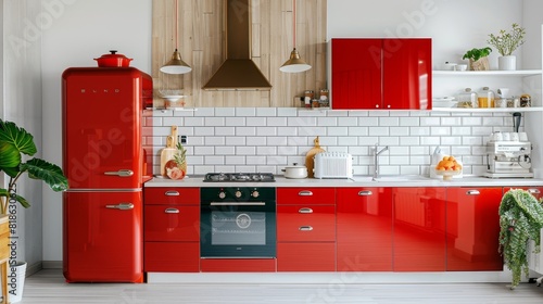 Vibrant Kitchen with Red Cabinets and Modern Appliances, Ideal for Cooking and Culinary Publications
