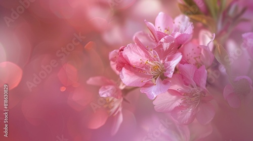 Blurry  rosy Sakura petals against a nature backdrop. Flowering fruit trees in the garden. Floral sign for farming or gardening company.